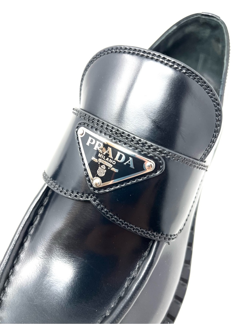 Prada Chocolate Black Triangle Logo Brushed Leather Loafers Heels Chunky 38.5 - Picture 4 of 14